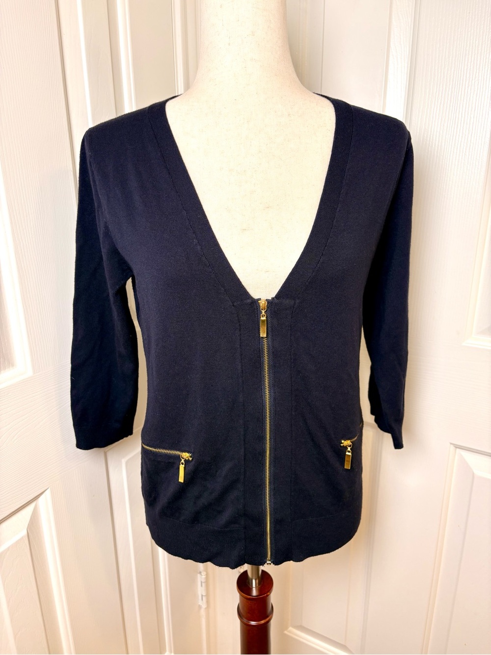 Grace Elements Black Zippered Women's 3/4th Sleeve Cardigan Sweater - Medium